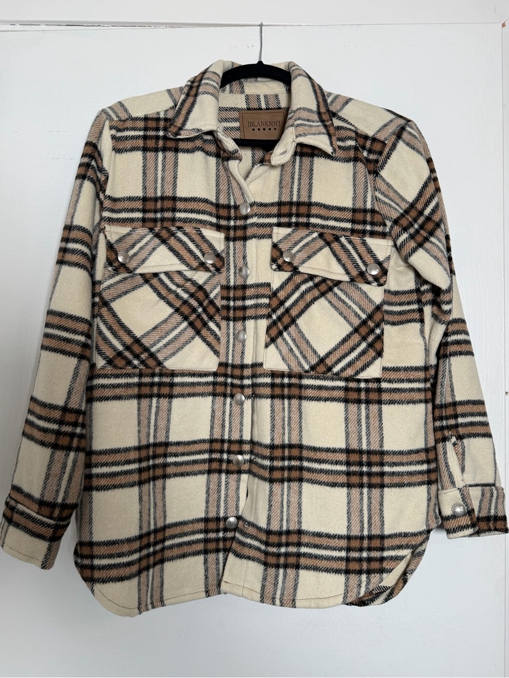BLANKNYC] Cream & Brown Plaid Snap-Front Shirt Jacket
